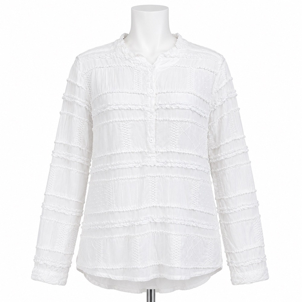 Dylan‎ Top Women Small White Boho Cottagecore Lace Ruffle Cotton Henley Blouse